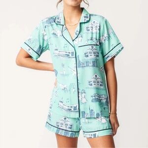 KATIE KIME Nashville Toile Short Pajamas Mint/Navy Size XXS New (No Tags)